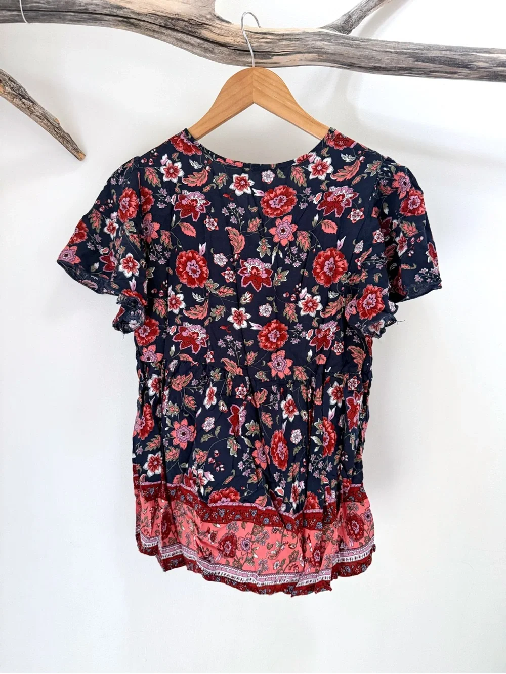 Shein | Women’s Boho Navy Coral Bohemian Floral Blouse Top Viscose Medium GUC - Picture 5 of 8